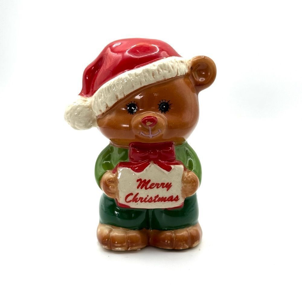 VINTAGE ENESCO CHRISTMAS BEAR SAYING MERRY CHRISTMAS FIGURE 3.5" SRI LANKA